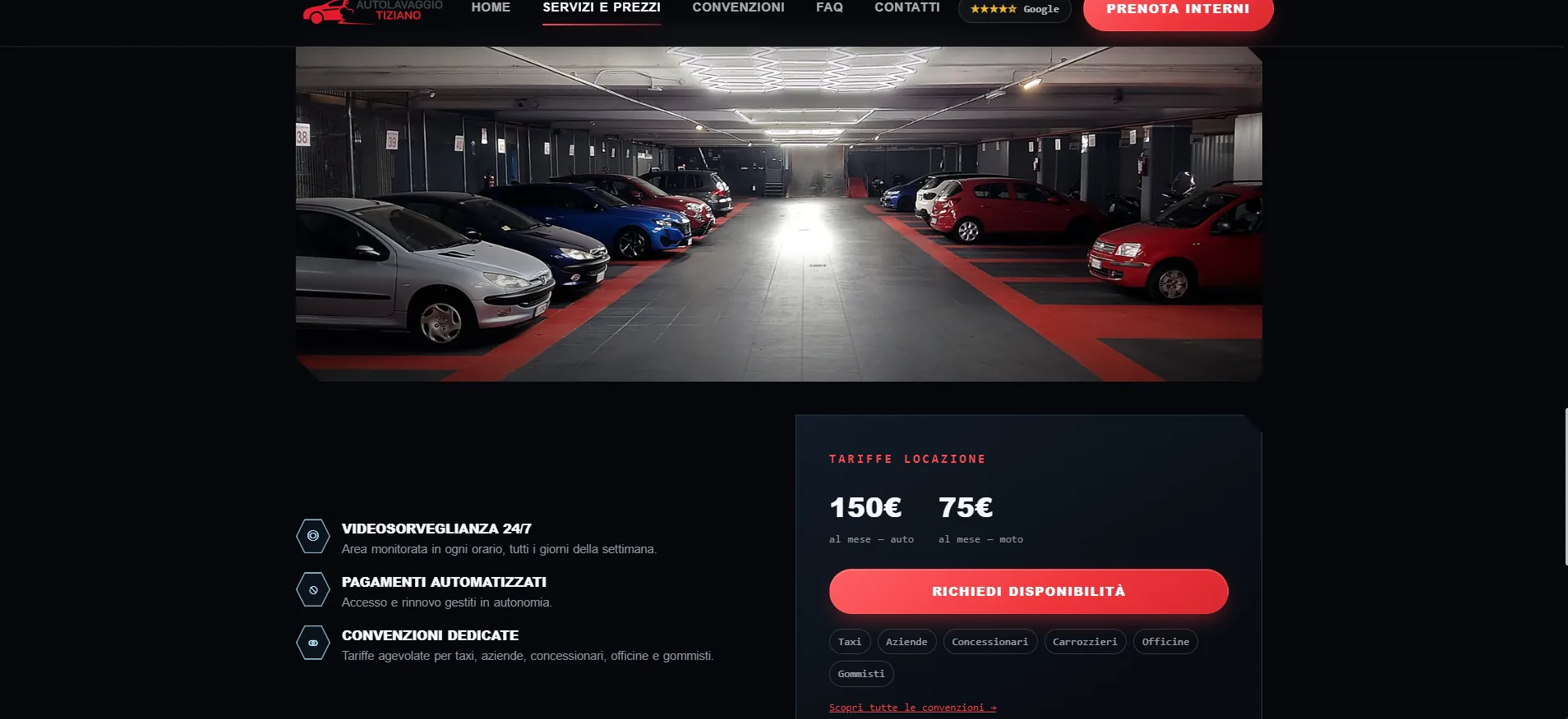 Sezione locazione posti auto e tariffe del sito Autolavaggio Tiziano