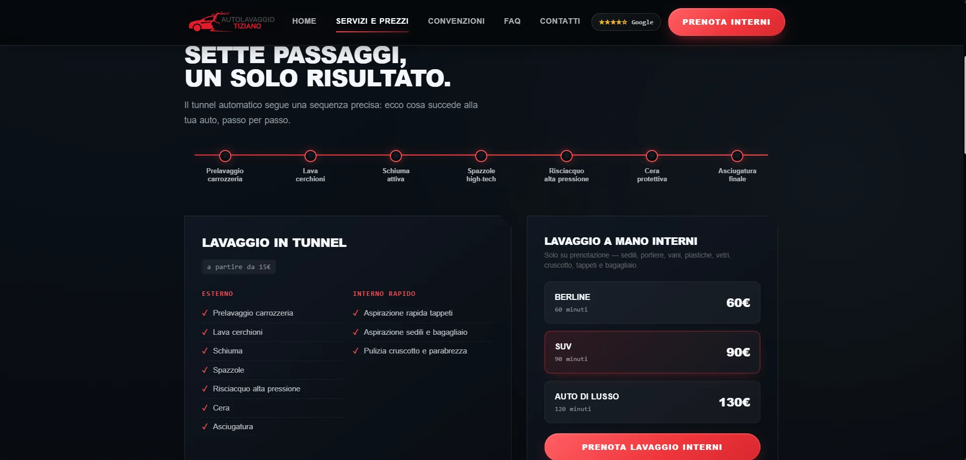 Pagina Servizi e prezzi del sito Autolavaggio Tiziano